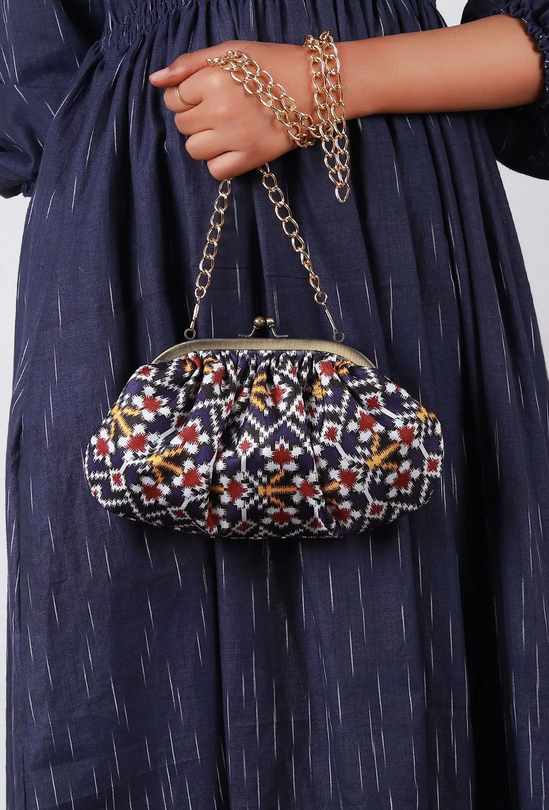 White, Blue & Multi Silk Patola Print Gathered Clutch