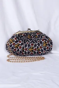 White, Blue & Multi Silk Patola Print Gathered Clutch image 2