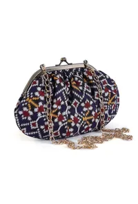 White, Blue & Multi Silk Patola Print Gathered Clutch image 5