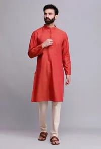 Set of 2: Crimson Red Cotton Kurta and Pajama image 1