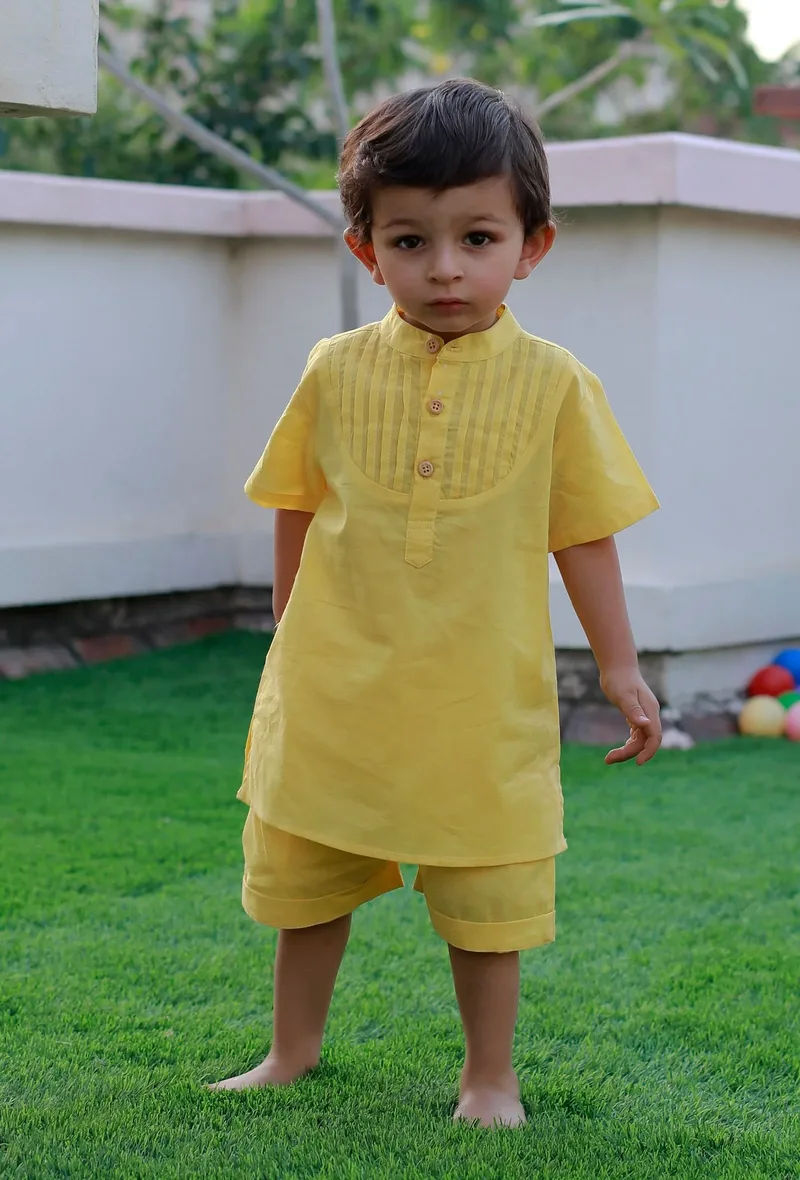 Set Of 2: Sunrise Yellow Cotton Shirt And Yellow Short