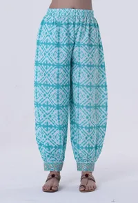 Turquoise & White Cotton Block Printed Pant image 1