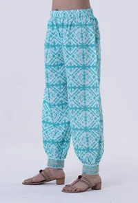 Turquoise & White Cotton Block Printed Pant image 2