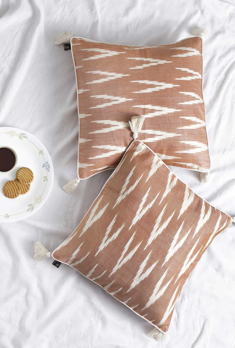 Set of 2: Coral Red Ikat Cotton Cushion Covers