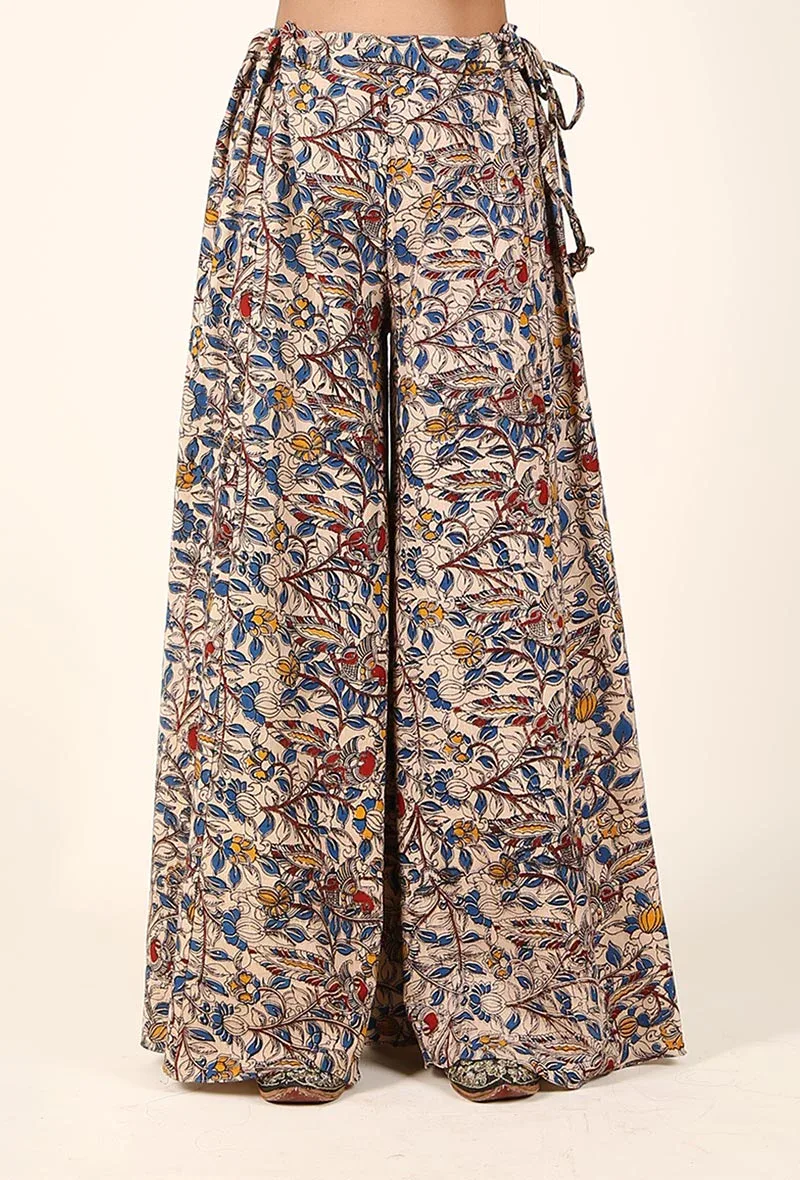 Beige And Blue Kalamkari Cotton Palazzo