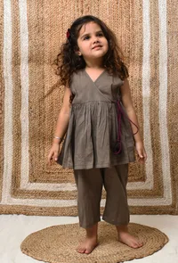 Set Of 2: Greyish Brown Wrap Around Mul Mul Kurta With Pants image 1