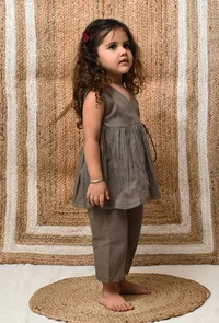 Set Of 2: Greyish Brown Wrap Around Mul Mul Kurta With Pants image 2