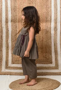 Set Of 2: Greyish Brown Wrap Around Mul Mul Kurta With Pants image 3