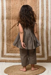 Set Of 2: Greyish Brown Wrap Around Mul Mul Kurta With Pants image 4
