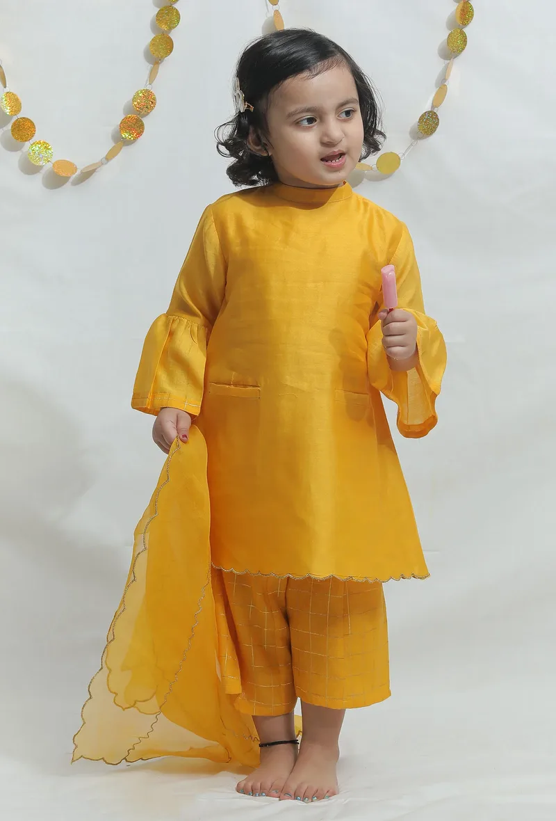 Set of 3: Tuscan Yellow Chanderi Kurta with Pants and Dupatta