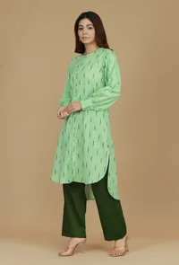 Light Green Ikat Woven Cotton Kurta image 1