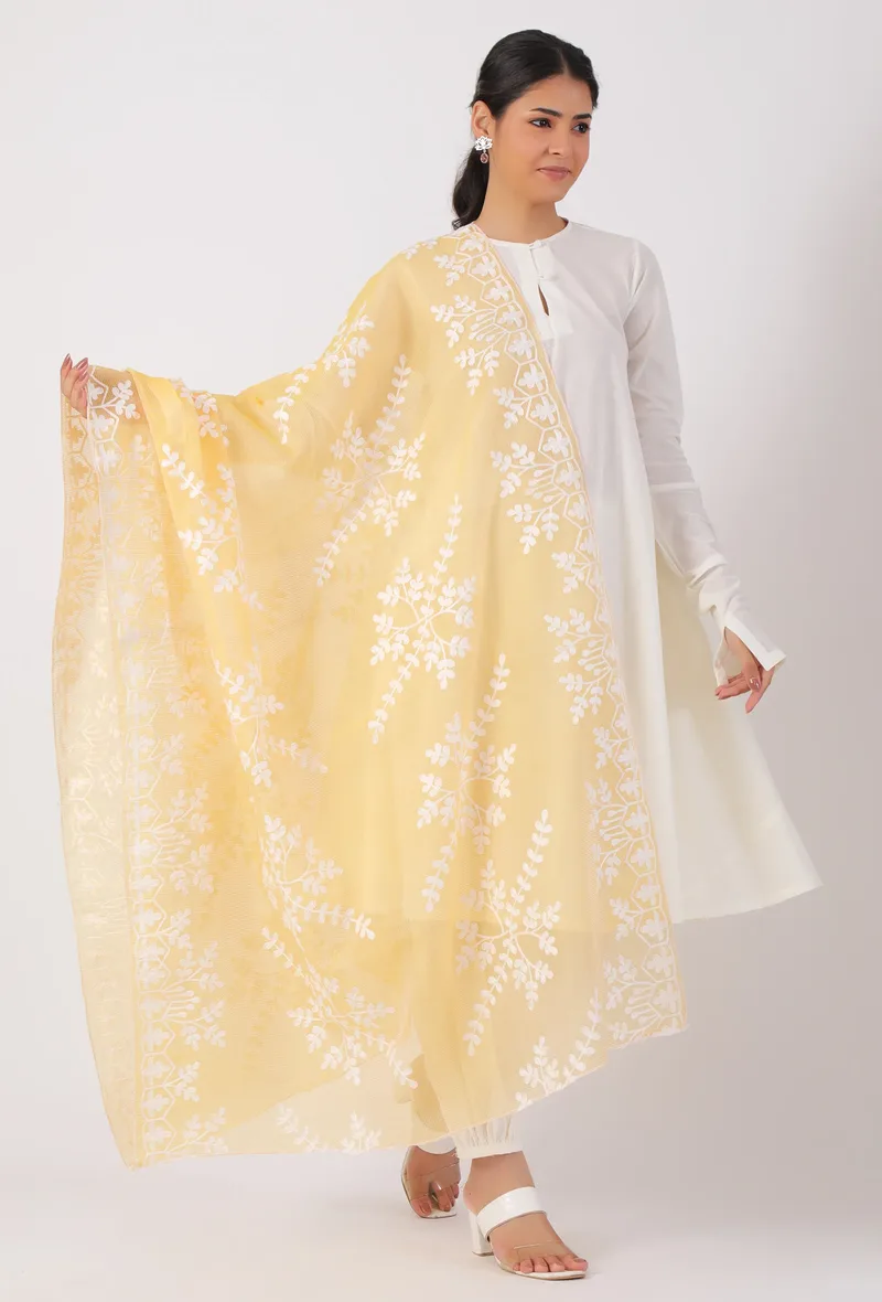 Royal Yellow Chickoo Net  Dupatta