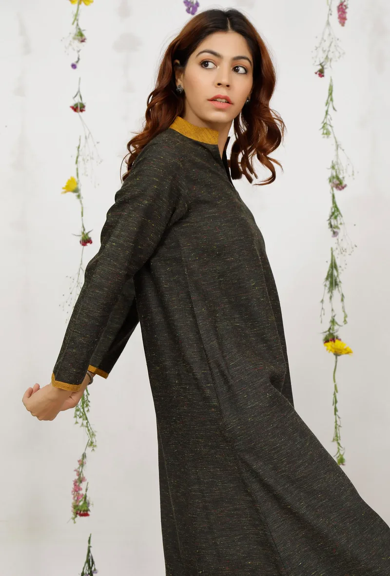 Dark Olive Khadi Cotton Straight Dress
