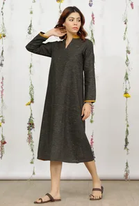 Dark Olive Khadi Cotton Straight Dress image 2