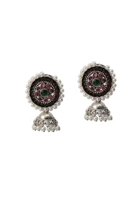 Oxidized Kemp Stone Jhumkas With Moti Stick image 2