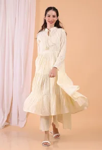 Set of 2: Cream Cotton Tiered Gathered Dress with Pants image 1