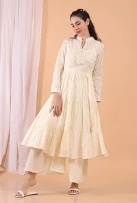 Set of 2: Cream Cotton Tiered Gathered Dress with Pants image 2