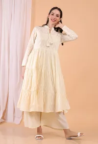 Set of 2: Cream Cotton Tiered Gathered Dress with Pants image 3