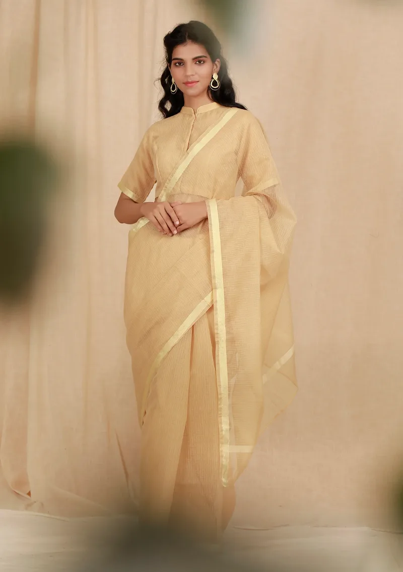 Set Of 2: Gold Beige Doria Plain Cotton Saree With 
Stitched Blouse