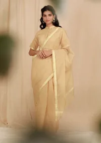 Set Of 2: Gold Beige Doria Plain Cotton Saree With 
Stitched Blouse image 1