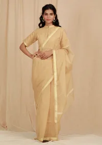 Set Of 2: Gold Beige Doria Plain Cotton Saree With 
Stitched Blouse image 2