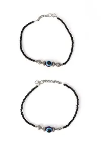 Pair of German Silver Flower Anklets with Evil Eye & Black Beads image 1
