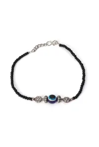 Pair of German Silver Flower Anklets with Evil Eye & Black Beads image 2