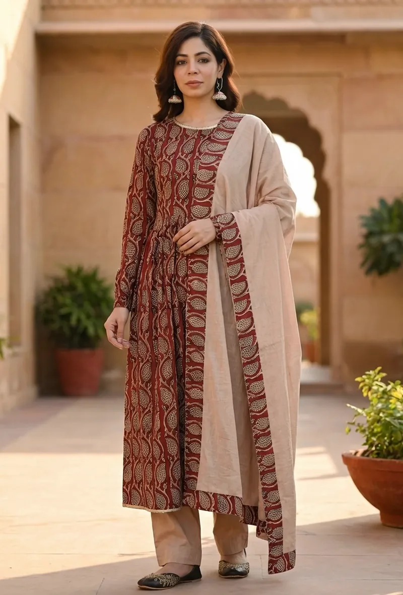 Set of 3: Maroon Elegance Hand block Printed Cotton Kurta & Beige Cotton Pant with Dupatta Set