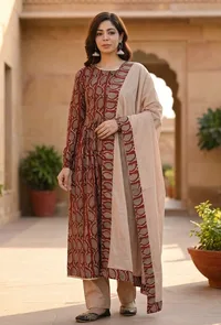 Set of 3: Maroon Elegance Hand block Printed Cotton Kurta & Beige Cotton Pant with Dupatta Set image 1