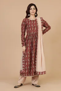 Set of 3: Maroon Elegance Hand block Printed Cotton Kurta & Beige Cotton Pant with Dupatta Set image 3