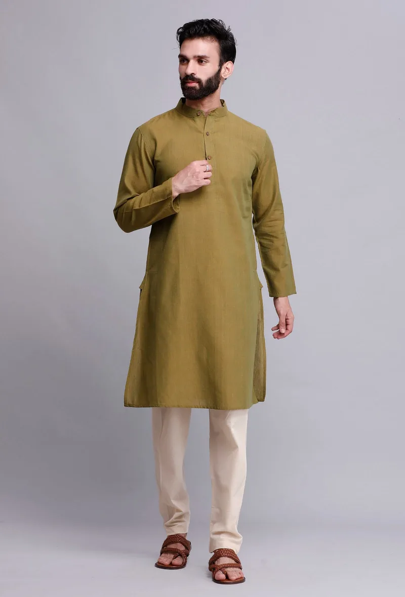 Set of 2: Olive Green Cotton Kurta and Pajama