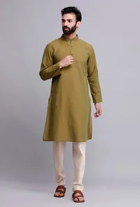 Set of 2: Olive Green Cotton Kurta and Pajama image 1