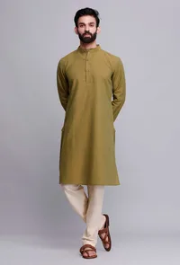 Set of 2: Olive Green Cotton Kurta and Pajama image 2