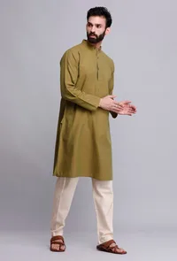 Set of 2: Olive Green Cotton Kurta and Pajama image 3