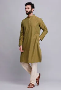 Set of 2: Olive Green Cotton Kurta and Pajama image 4