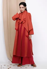 Set Of 3: Maroon & Rust Cotton Kalidar Dress With Flared Palazzo and Hand Embroidered Skaf image 1