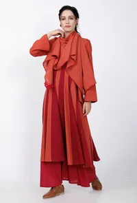 Set Of 3: Maroon & Rust Cotton Kalidar Dress With Flared Palazzo and Hand Embroidered Skaf image 2