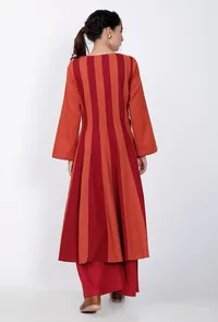 Set Of 3: Maroon & Rust Cotton Kalidar Dress With Flared Palazzo and Hand Embroidered Skaf image 3