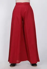 Set Of 3: Maroon & Rust Cotton Kalidar Dress With Flared Palazzo and Hand Embroidered Skaf image 4