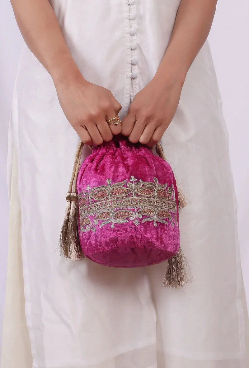 Rose Pink Velvet Tila Embroidery Potli