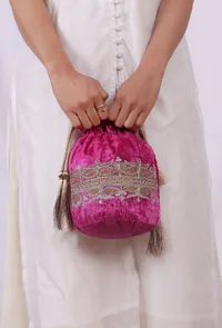 Rose Pink Velvet Tila Embroidery Potli image 1