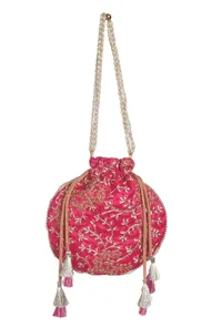Fuchsia Pink Embroidered Silk Potli image 3