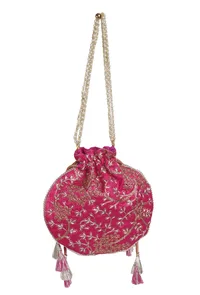 Fuchsia Pink Embroidered Silk Potli image 5