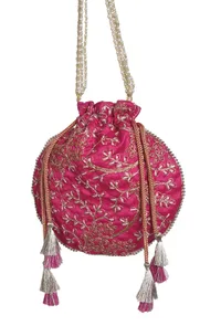 Fuchsia Pink Embroidered Silk Potli image 6