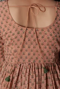 Set Of 2: Ishani Peach Hand Block Printed Gathered Mulmul Kurta & Churidar image 6