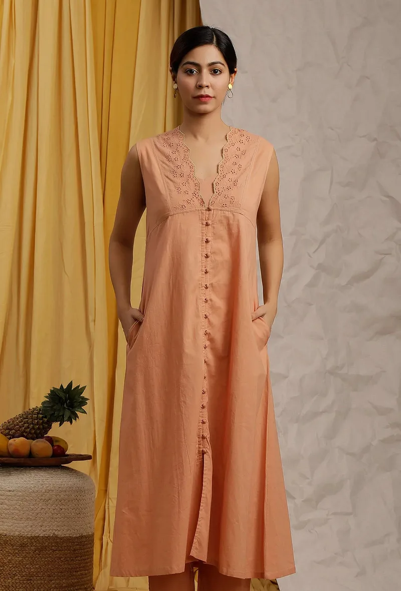 Set Of 2: Peach Cotton Schiffli Front Button Dress & Bustier Crop Top