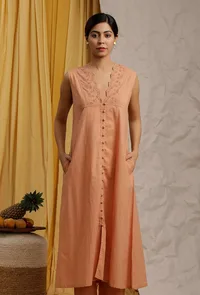 Set Of 2: Peach Cotton Schiffli Front Button Dress & Bustier Crop Top image 1