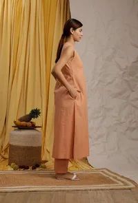 Set Of 2: Peach Cotton Schiffli Front Button Dress & Bustier Crop Top image 2