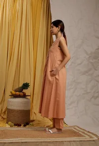 Set Of 2: Peach Cotton Schiffli Front Button Dress & Bustier Crop Top image 3