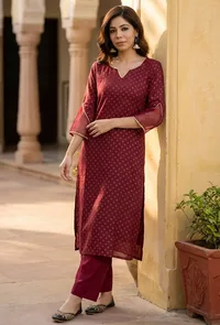 Maroon Hand Block Printed Straight Kurta image 1